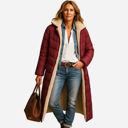 Women's Longline Puffer Jacket - Warm Sherpa Lined Hooded Parka Coat