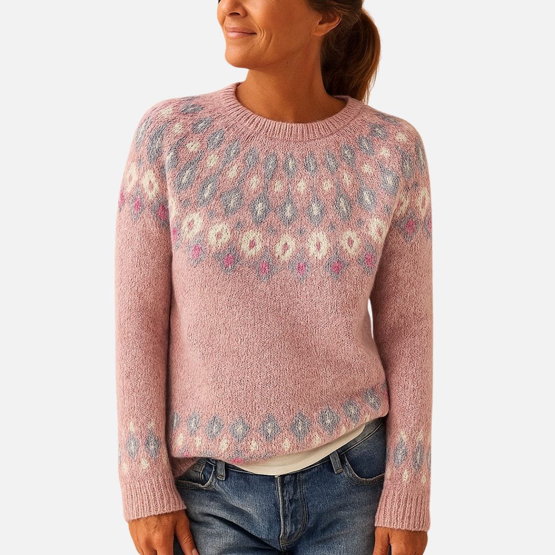Women's Patterned Knit Sweater - Soft Fair Isle Crew Neck Jumper