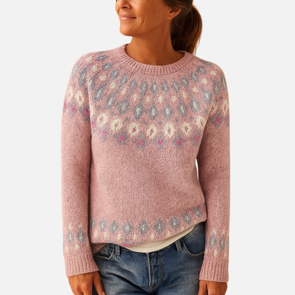 Women's Patterned Knit Sweater - Soft Fair Isle Crew Neck Jumper