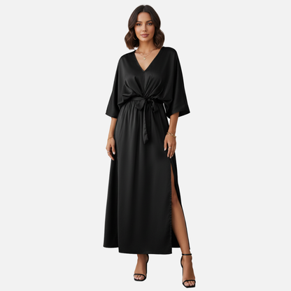 Elegant V-Neck Maxi Dress for Women – Belted Flowing Evening Dress