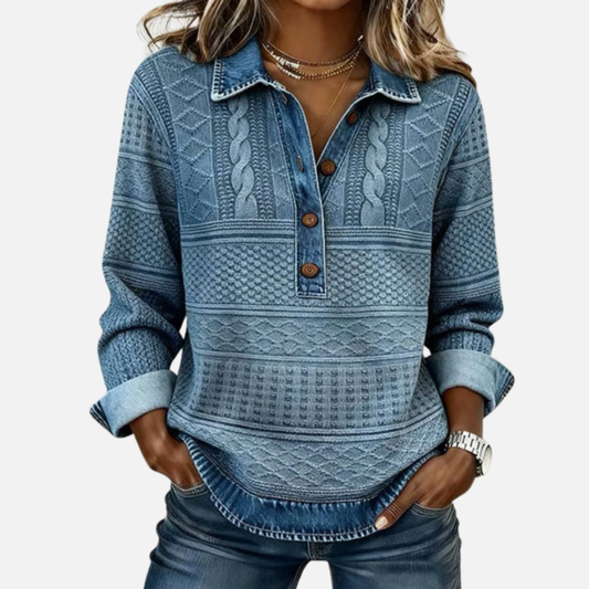 Cassidy | Women's Cable Knit Pullover Denim Collar Long Sleeve