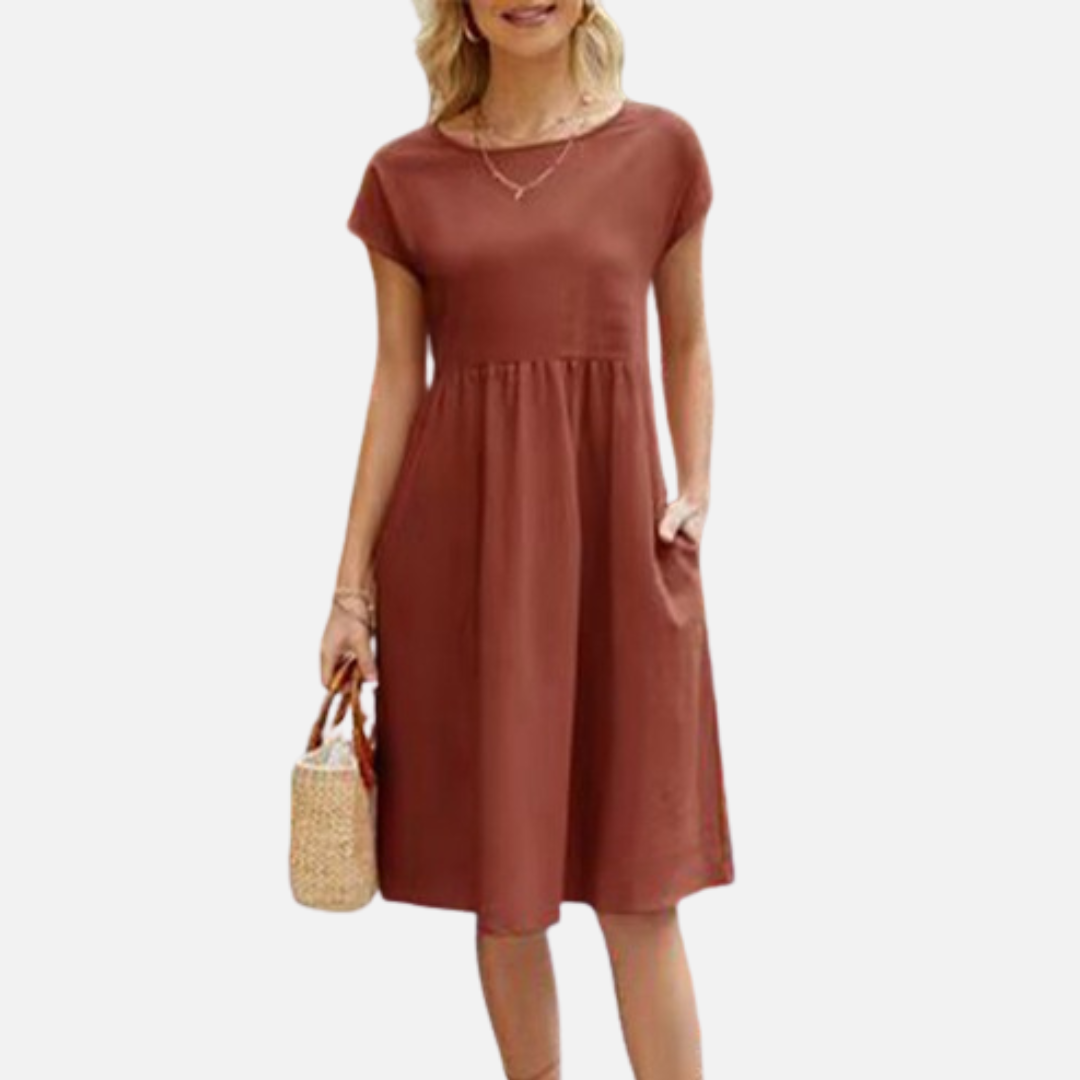 Women’s Casual Linen Midi Dress with Short Sleeves