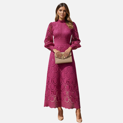 Women Elegant  Long Sleeve Lace Midi Dress