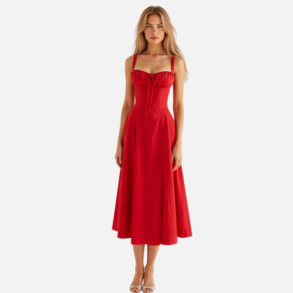 Elegant Corset Style Midi Dress with Flared Skirt