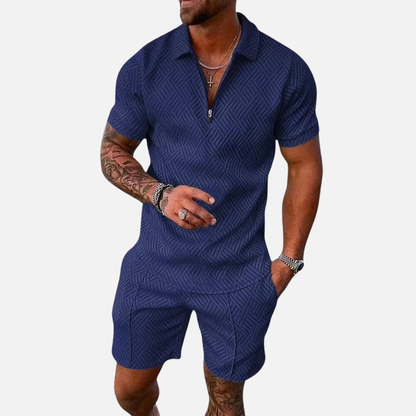 Men's Textured Zip Polo & Shorts Set - Casual Summer Matching Co-ord