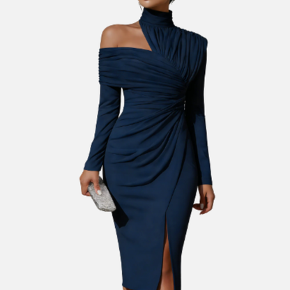 Women's Midi Dress Ruched High-Neck