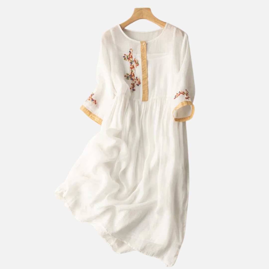 Women's Embroidered Linen Midi Dress
