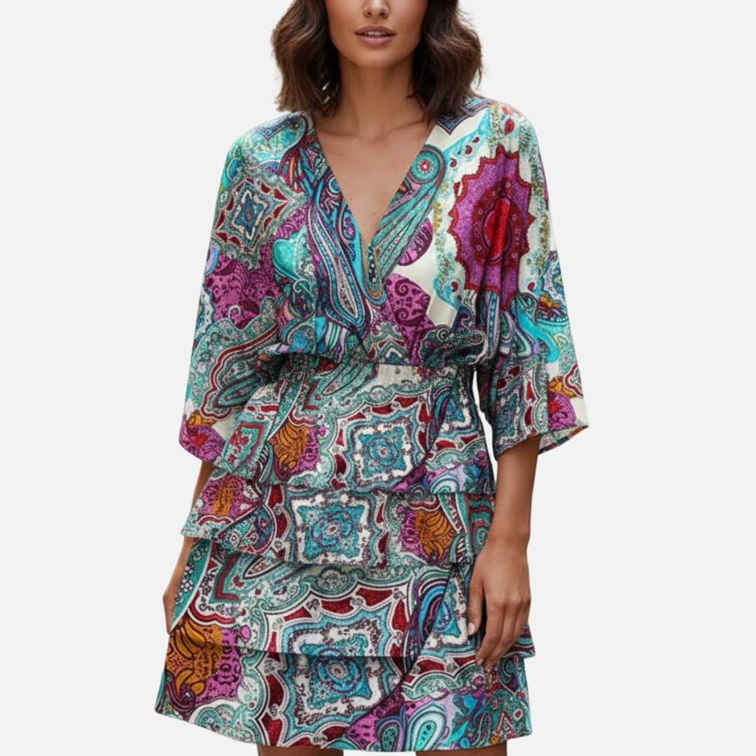 Women’s Vibrant Abstract Print Mini Dress – Flowy V-Neck Short Dress