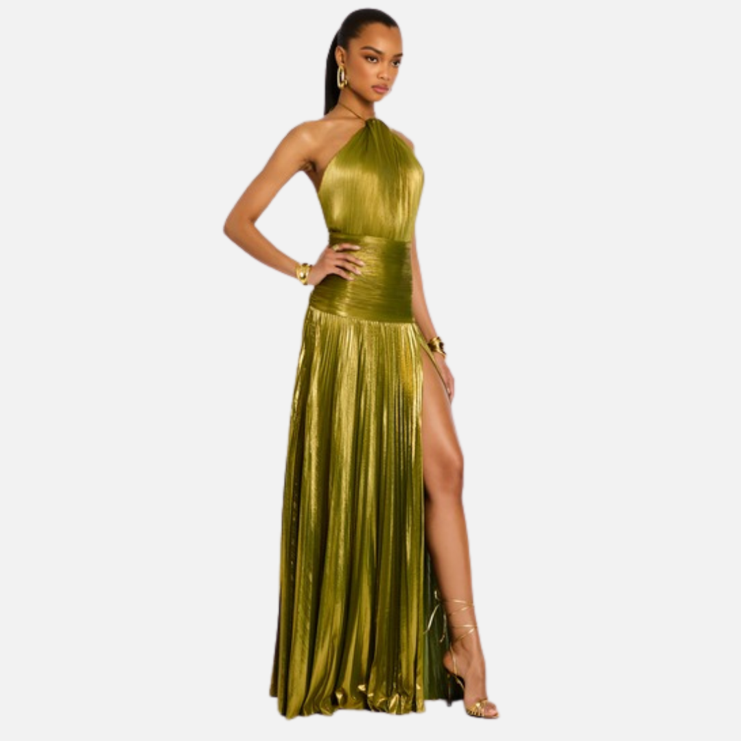 Women's Shimmering Pleated Halter-Neck Maxi Gown