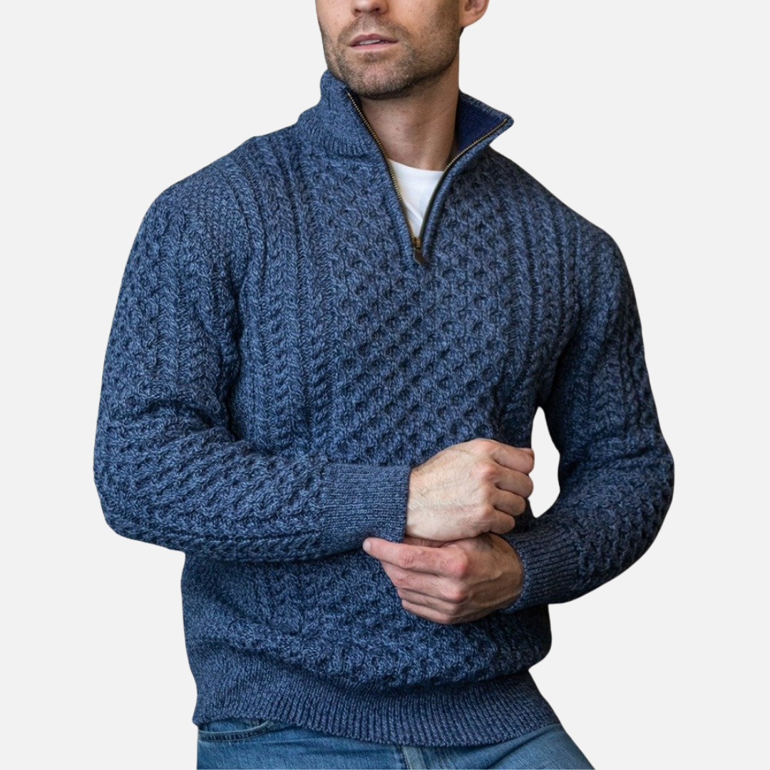 Men's Cable Knit Quarter Zip Pullover - Classic Aran Style Pullover