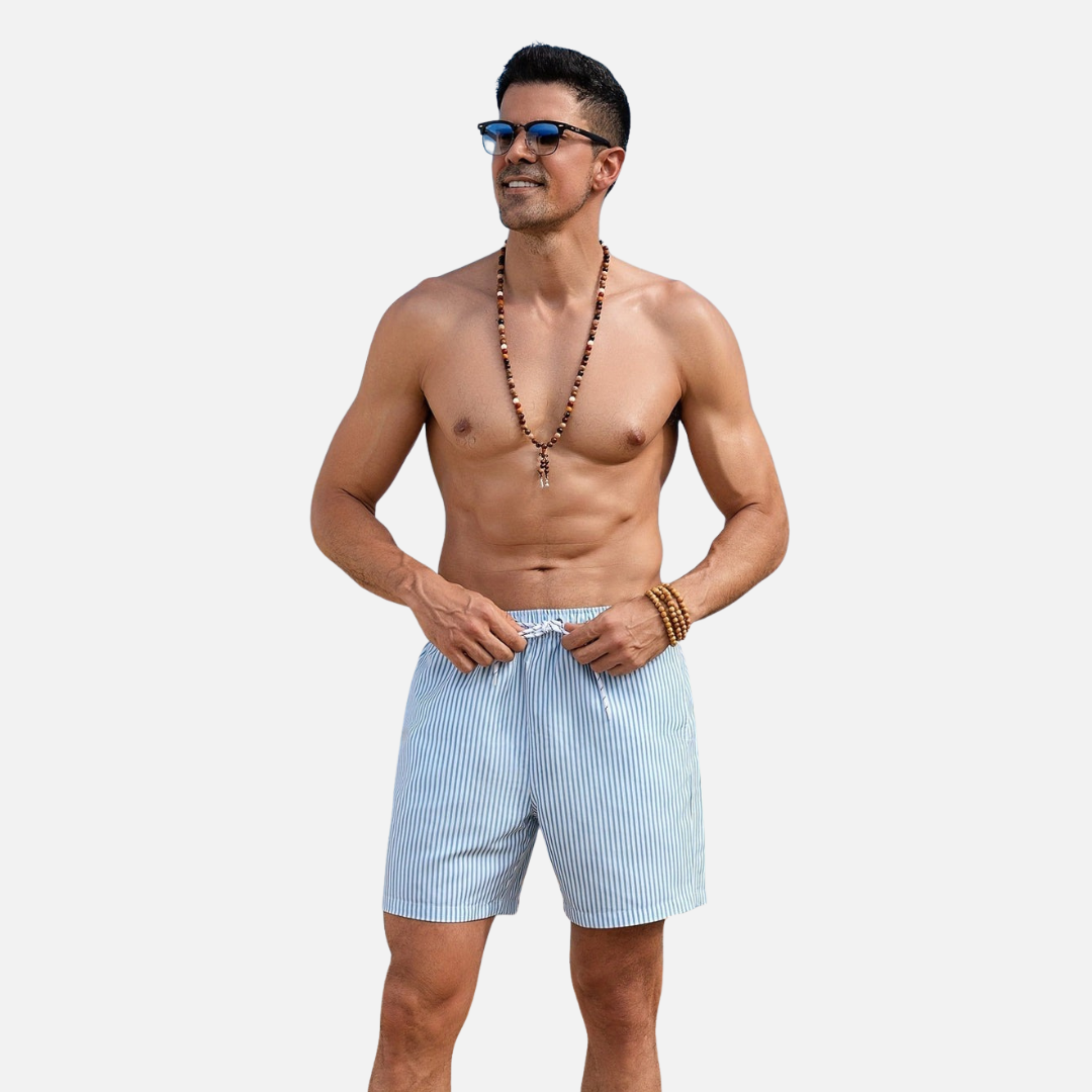Men’s Striped Beach Swim Shorts with Drawstring