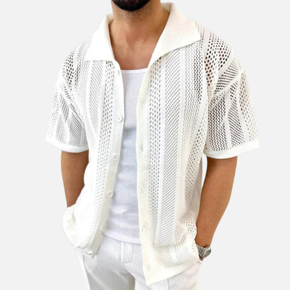 Men's Knit Cuban Collar Shirt - Short Sleeve Pointelle Button-Up Top