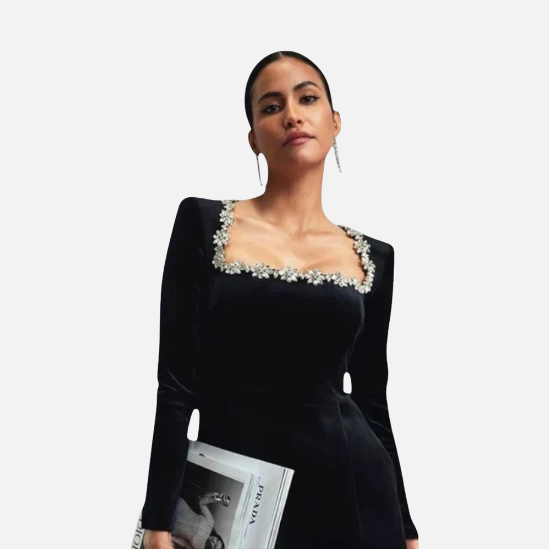 Women's Black Velvet Mini Dress with Trim