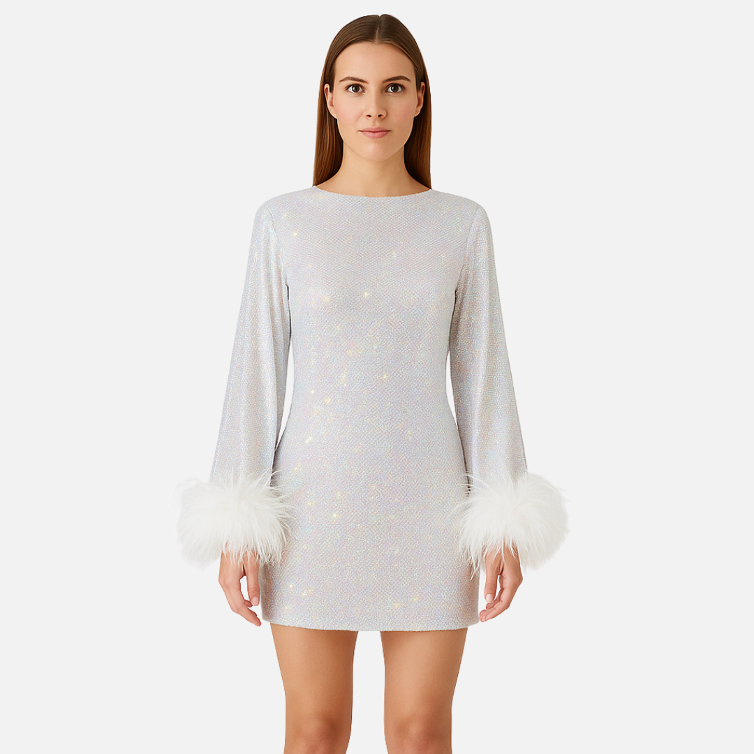 Women's Chic Feather Trim Mini Dress - Long Sleeve Sparkly Party Dress