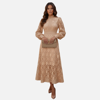 Women Elegant  Long Sleeve Lace Midi Dress