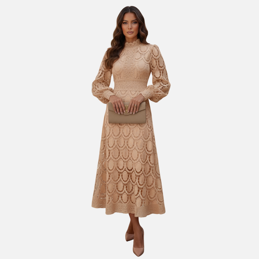 Women Elegant  Long Sleeve Lace Midi Dress