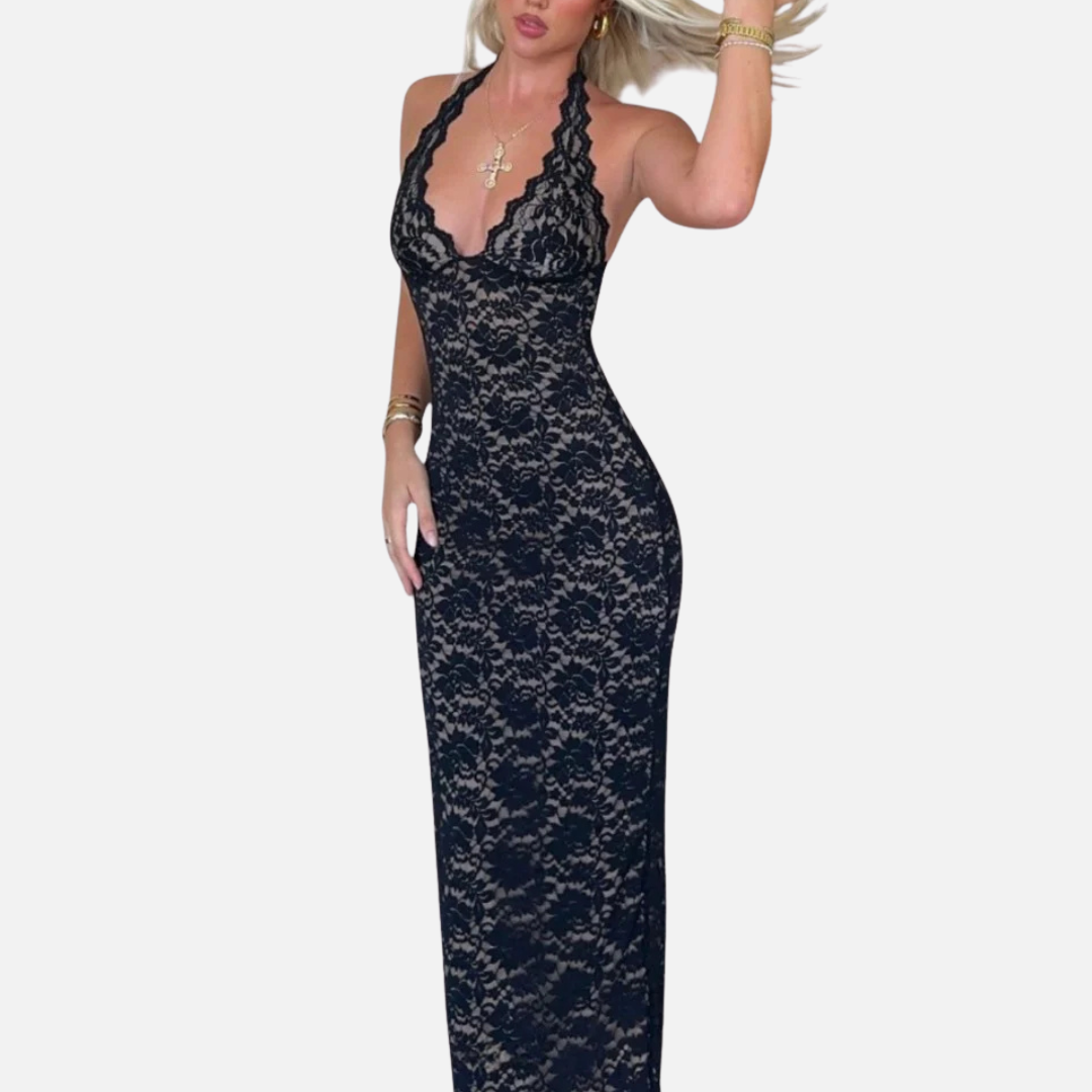 Women’s Black Lace Halter Maxi Dress