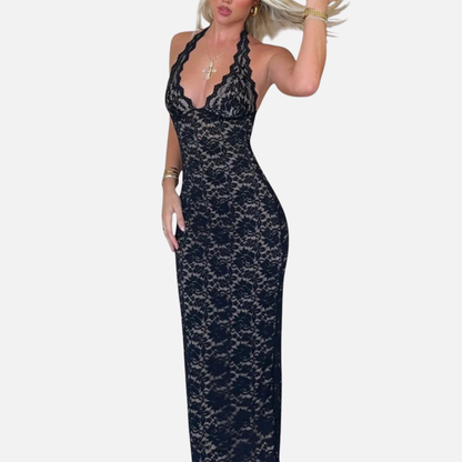 Women’s Black Lace Halter Maxi Dress