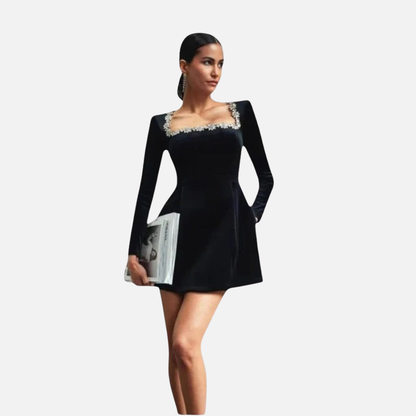 Women's Black Velvet Mini Dress with Trim