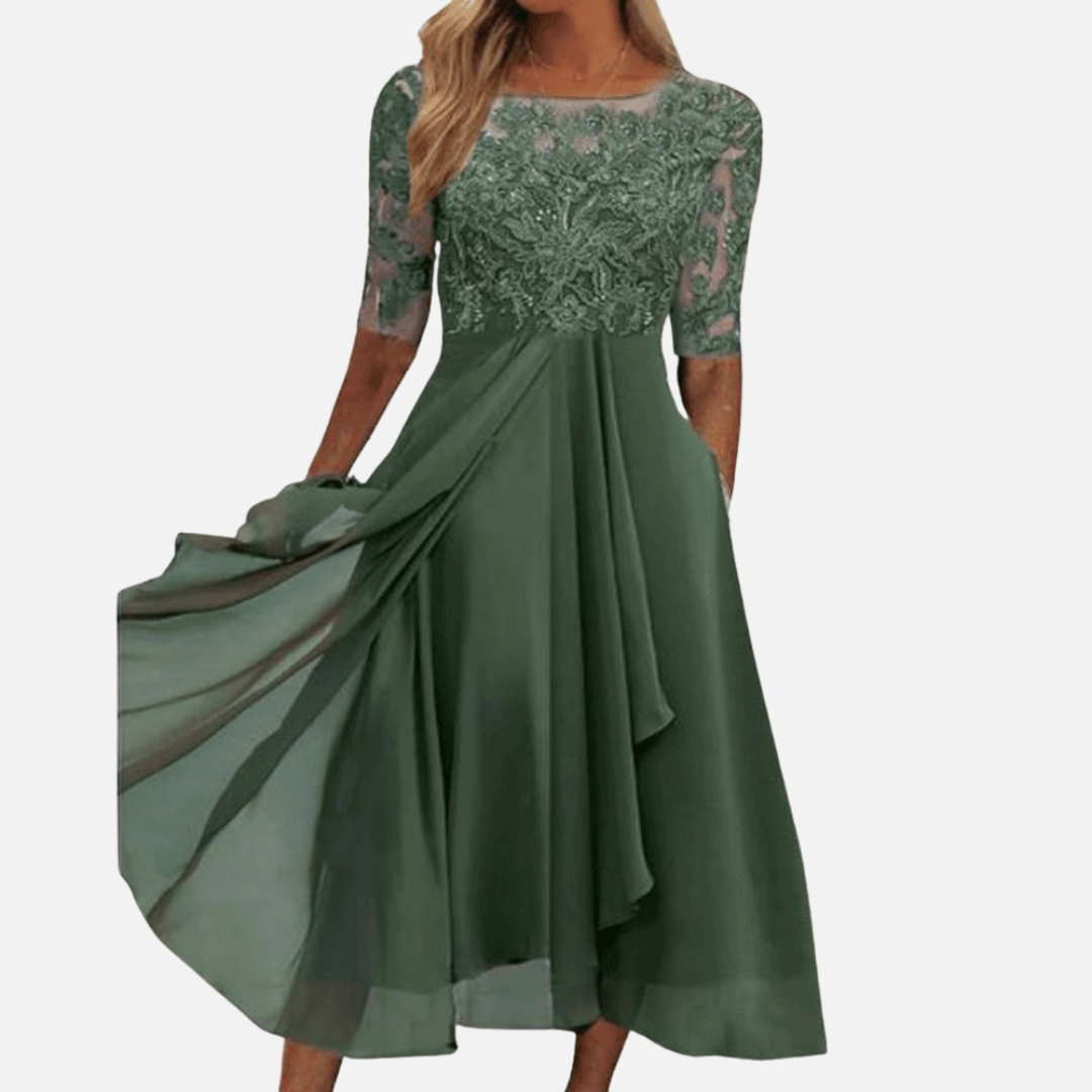 Women's Elegant Lace Chiffon Midi Dress