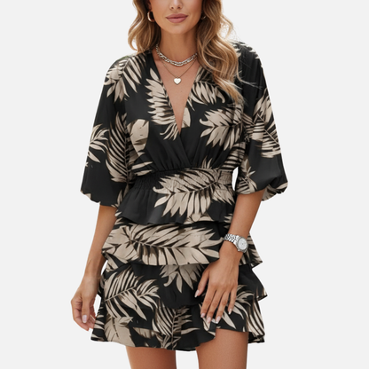 Women’s Vibrant Abstract Print Mini Dress – Flowy V-Neck Short Dress