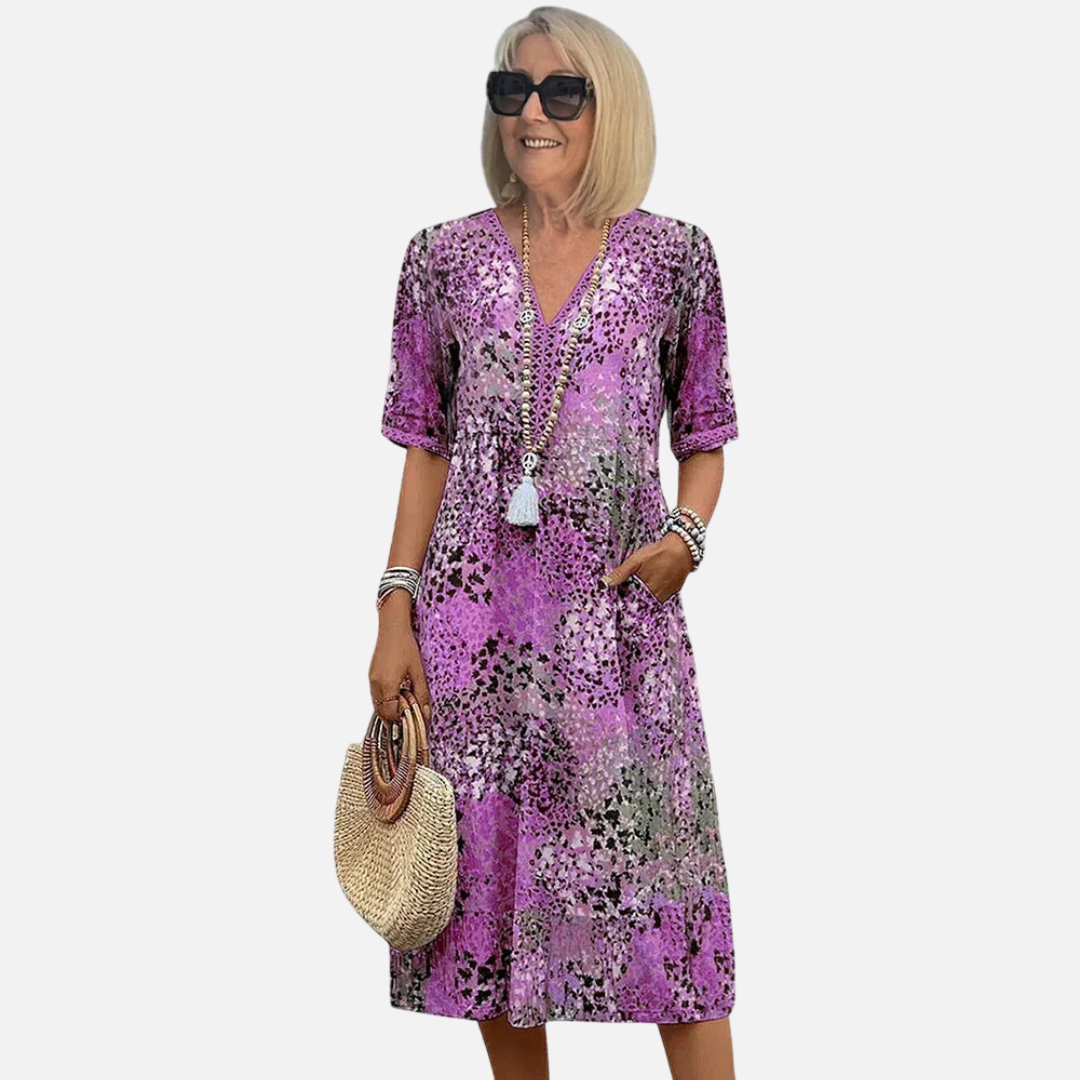 Women's V-Neck Print Boho Midi Dress