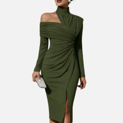 Women's Midi Dress Ruched High-Neck