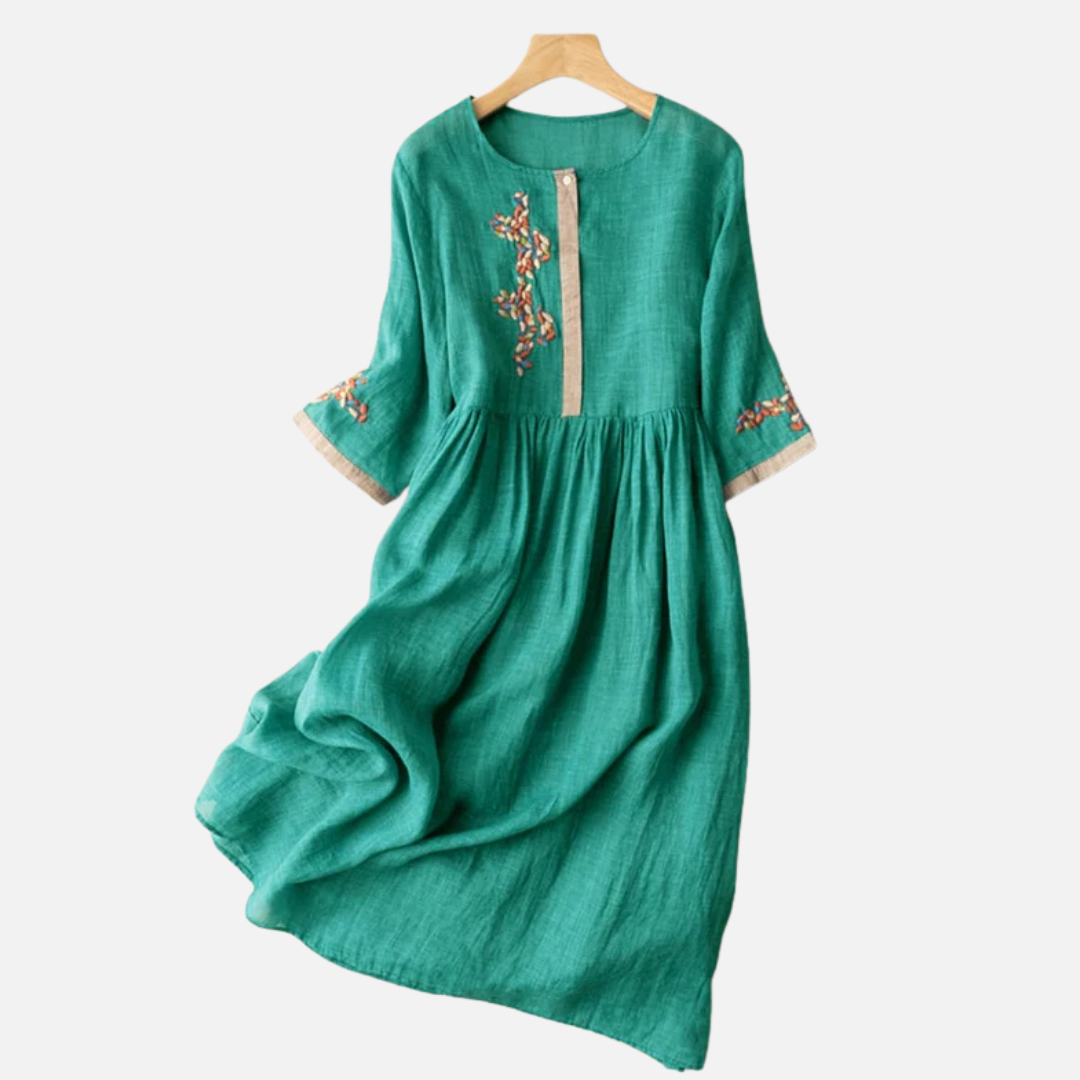 Women's Embroidered Linen Midi Dress