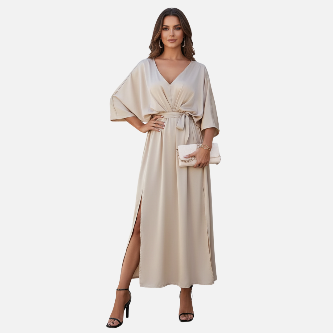 Elegant V-Neck Maxi Dress for Women – Belted Flowing Evening Dress