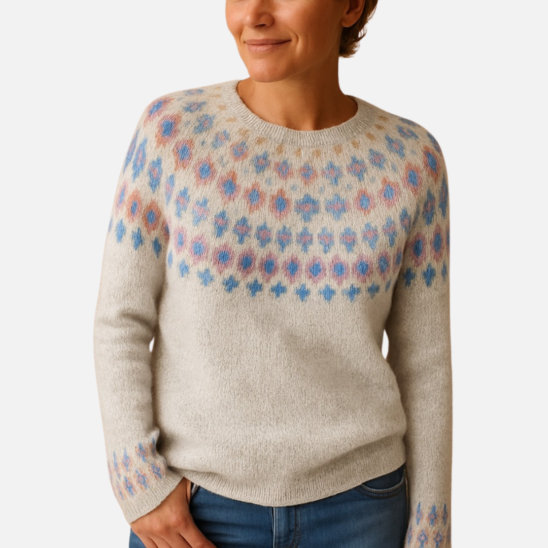 Women's Patterned Knit Sweater - Soft Fair Isle Crew Neck Jumper