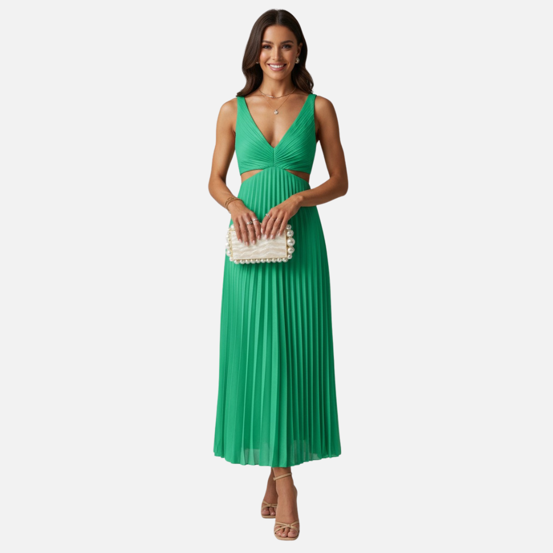 Women's Pleated V-Neck Midi Dress