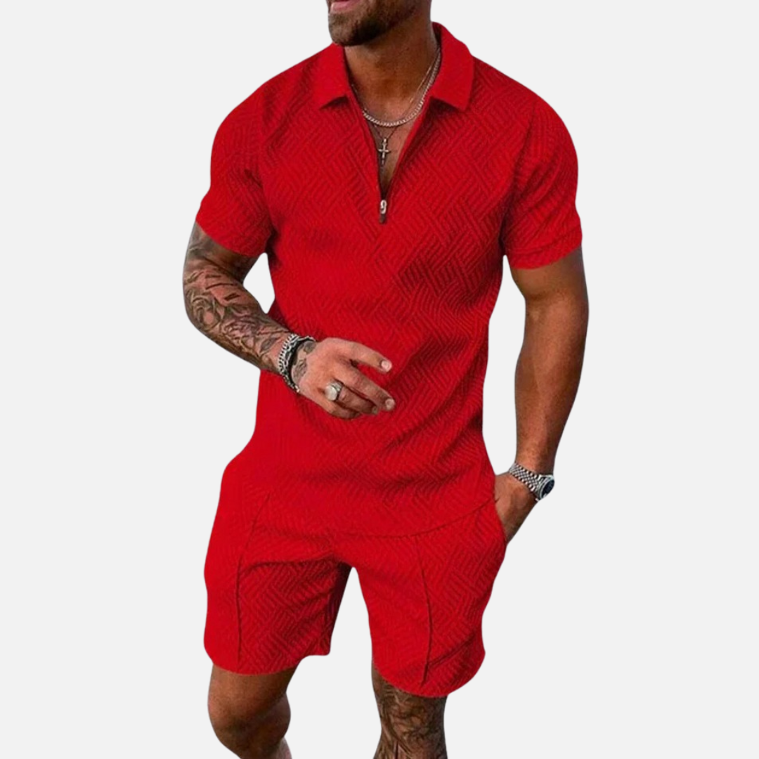 Men's Textured Zip Polo & Shorts Set - Casual Summer Matching Co-ord