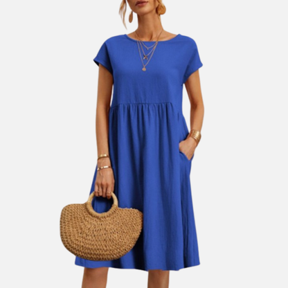 Women’s Casual Linen Midi Dress with Short Sleeves