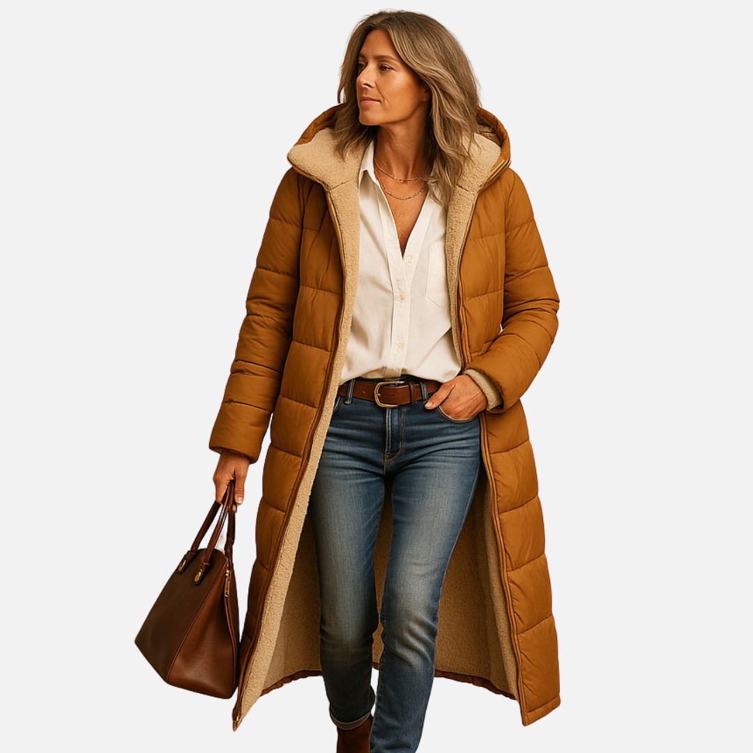 Women's Longline Puffer Jacket - Warm Sherpa Lined Hooded Parka Coat