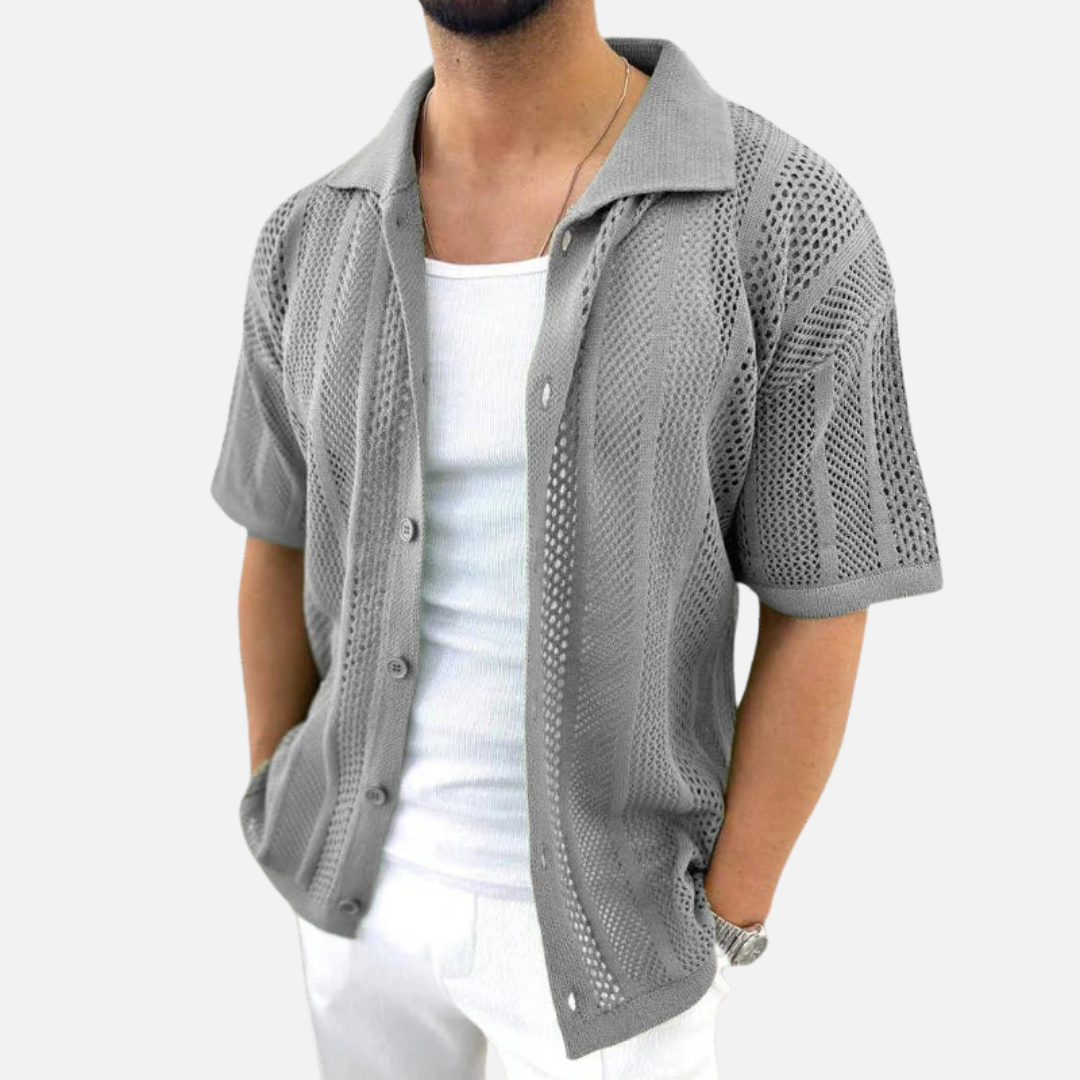 Men's Knit Cuban Collar Shirt - Short Sleeve Pointelle Button-Up Top