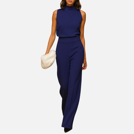 Women's High-Waisted Wide-Leg Jumpsuit - Sleeveless Mock Neck Suit