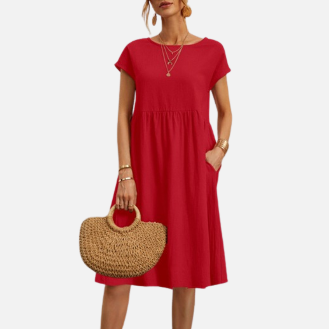 Women’s Casual Linen Midi Dress with Short Sleeves