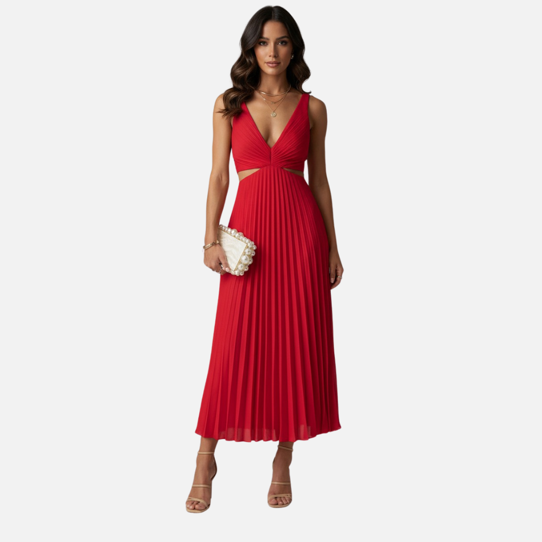 Women's Pleated V-Neck Midi Dress