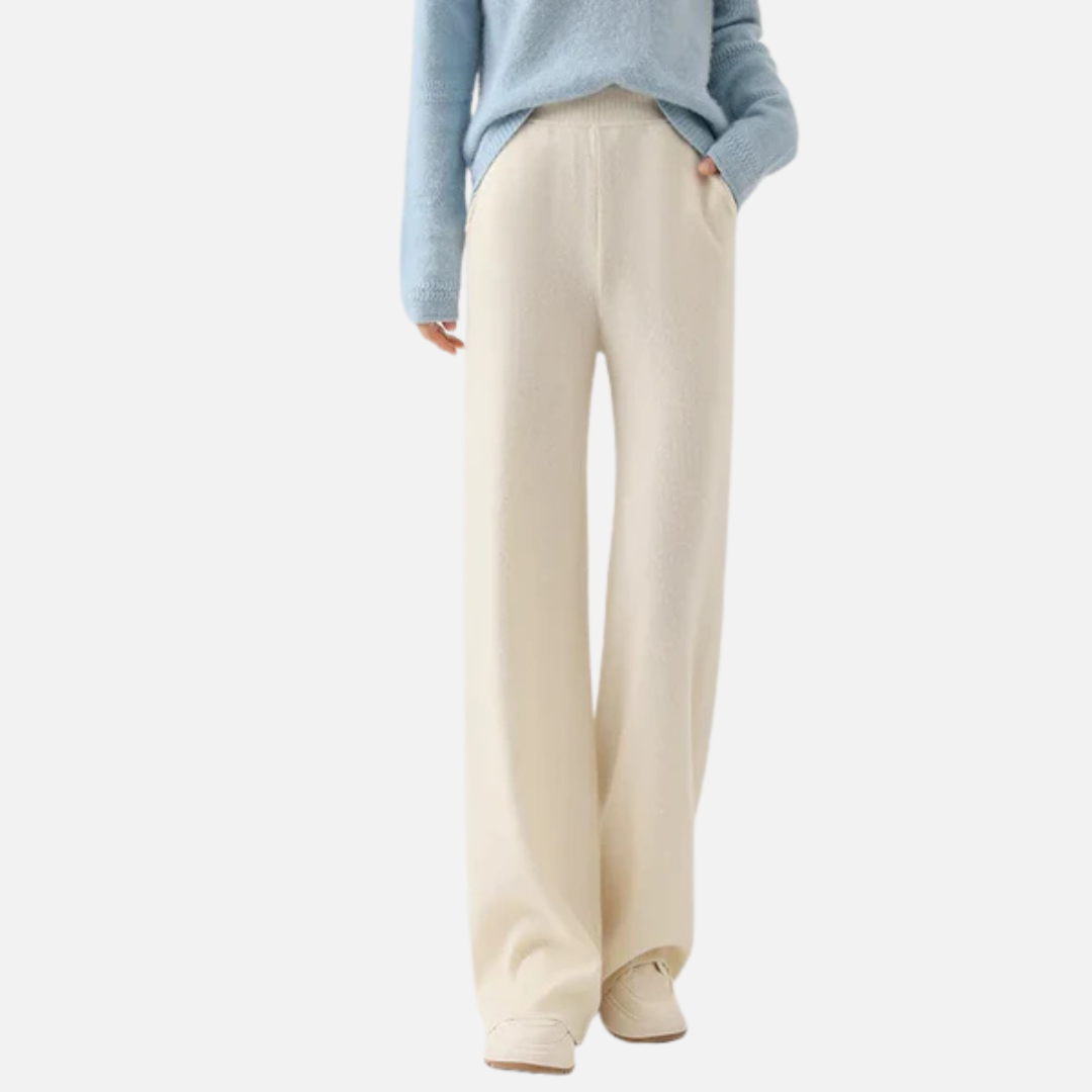 Women's Wide Leg Knit Trousers | Ribbed Elasticated Waist Lounge Pants