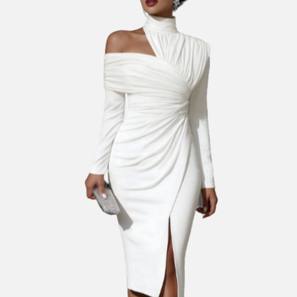 Women's Midi Dress Ruched High-Neck