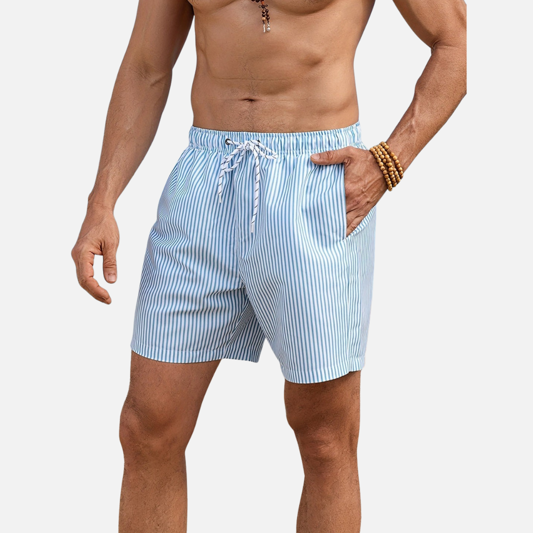Men’s Striped Beach Swim Shorts with Drawstring