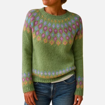 Women's Patterned Knit Sweater - Soft Fair Isle Crew Neck Jumper