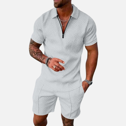 Men's Textured Zip Polo & Shorts Set - Casual Summer Matching Co-ord