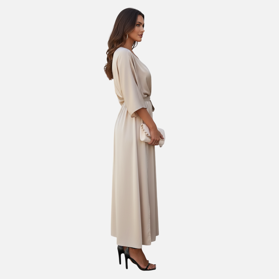 Elegant V-Neck Maxi Dress for Women – Belted Flowing Evening Dress