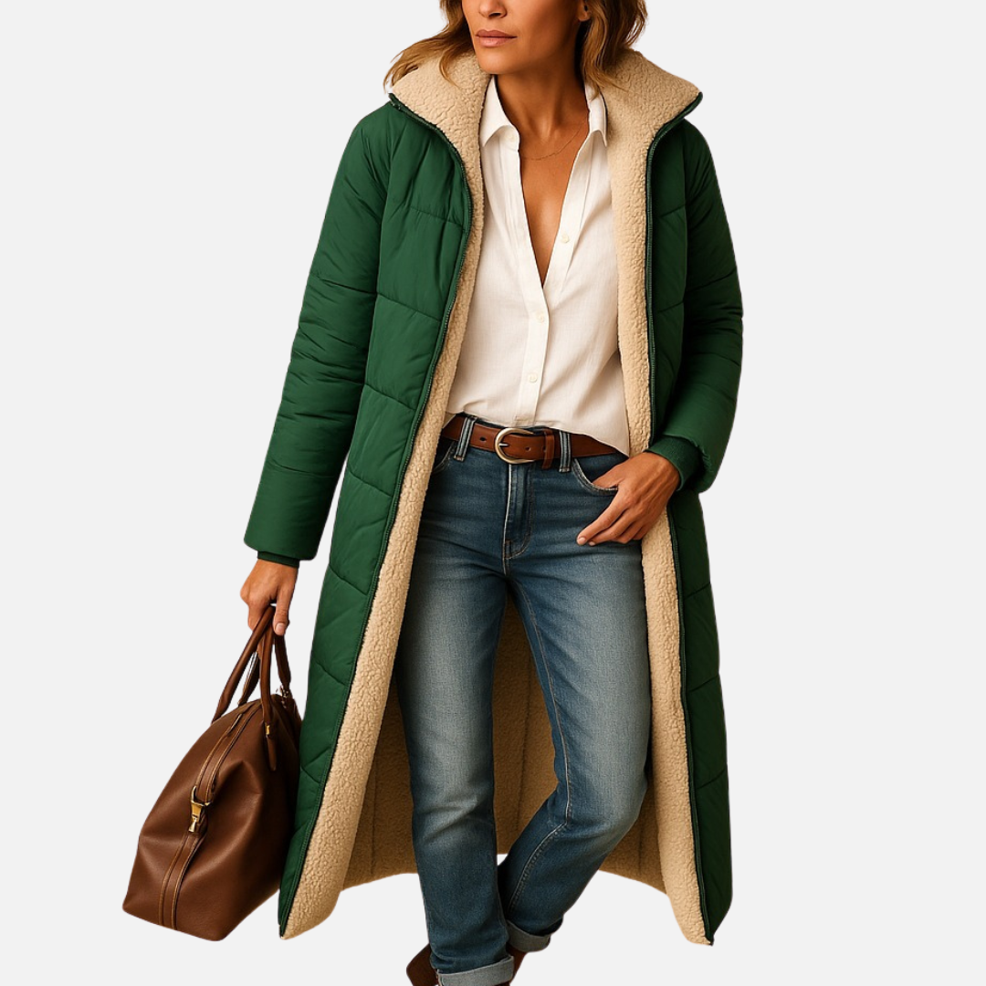 Women's Longline Puffer Jacket - Warm Sherpa Lined Hooded Parka Coat