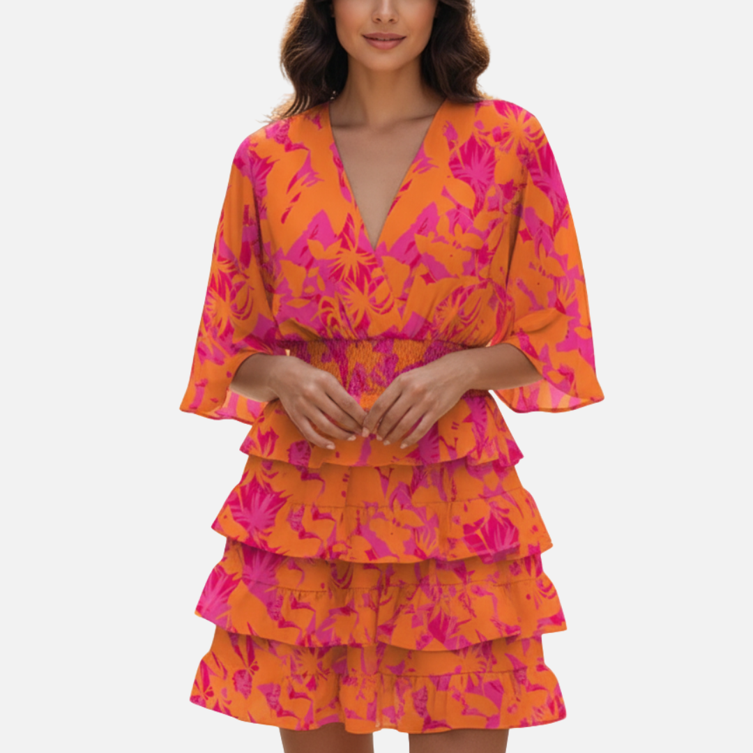 Women’s Vibrant Abstract Print Mini Dress – Flowy V-Neck Short Dress