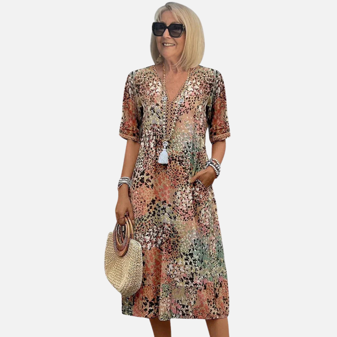 Women's V-Neck Print Boho Midi Dress