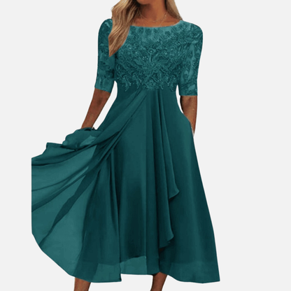 Women's Elegant Lace Chiffon Midi Dress