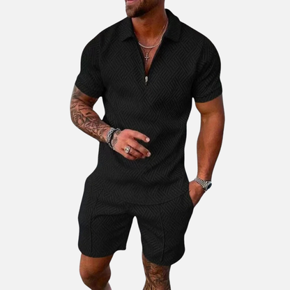 Men's Textured Zip Polo & Shorts Set - Casual Summer Matching Co-ord