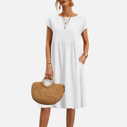 Women’s Casual Linen Midi Dress with Short Sleeves